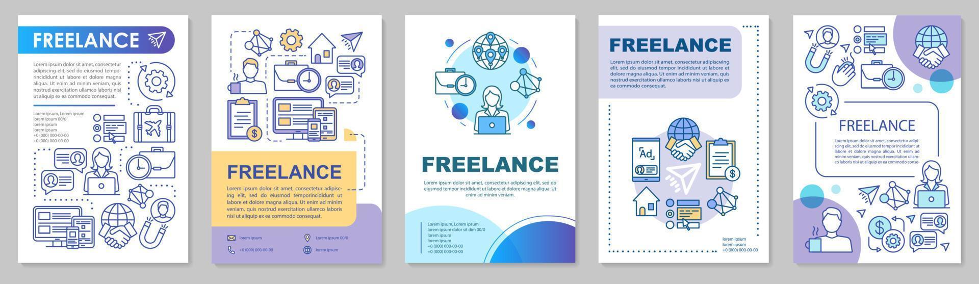 Freelance job brochure template layout. Remote working, home office. Flyer, booklet, leaflet print design with linear illustrations. Vector page layouts for magazines, reports, posters