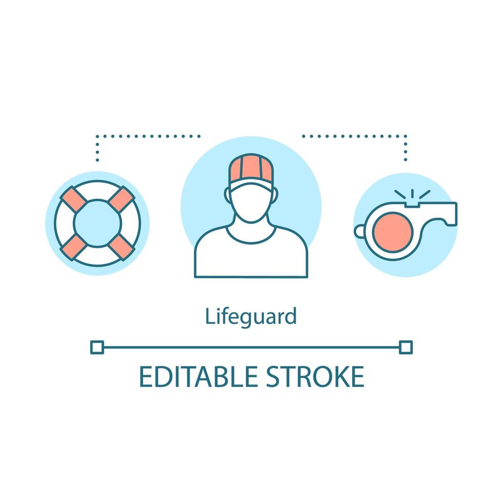 Lifeguard concept icon. Professional rescuer idea thin line illustration. Summer part time job. Lifeguard equipment, ring buoy, whistle. Vector isolated outline drawing. Editable stroke
