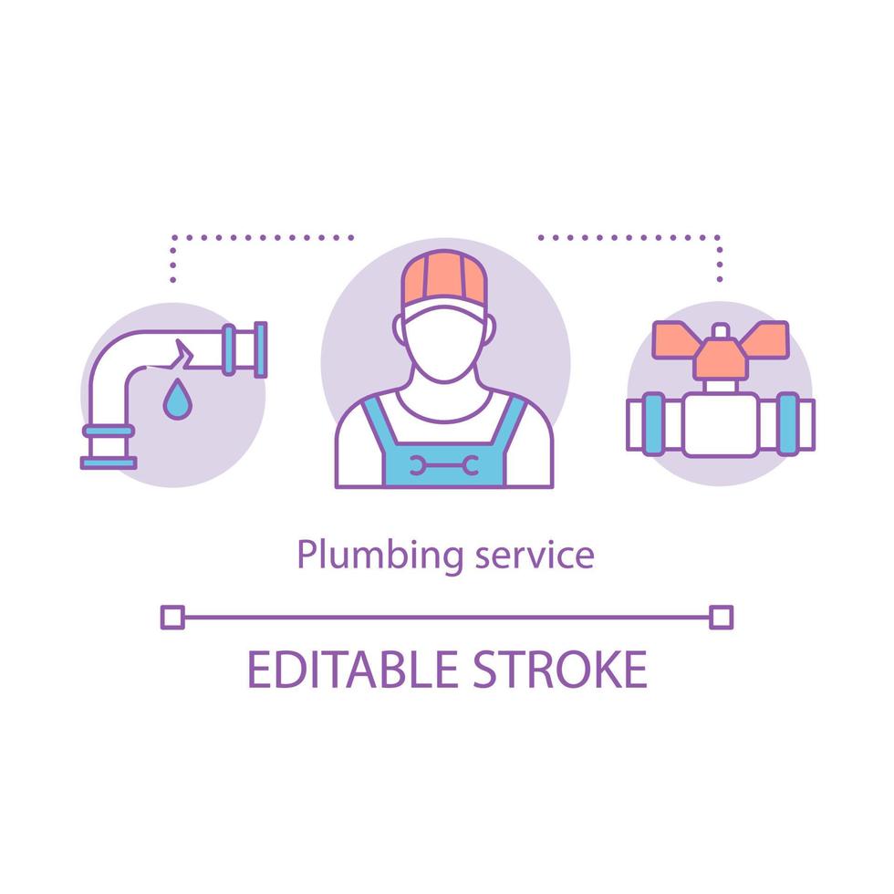 Plumbing service concept icon. Repair of water supply. Fixing of faucets and pipes leaks. Professional plumber help idea thin line illustration. Vector isolated outline drawing. Editable stroke