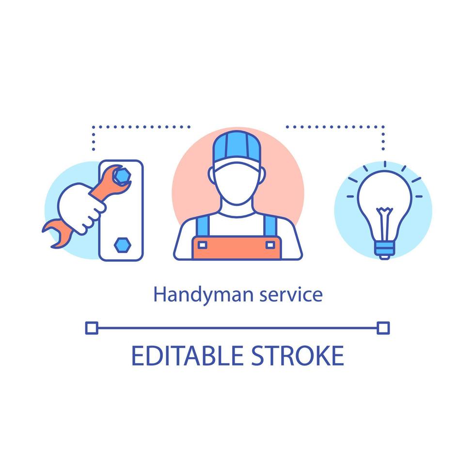 Handyman service concept icon. Handyperson assistance. Home renovation. Jack-of-all-trades. Workman help around house idea thin line illustration. Vector isolated outline drawing. Editable stroke