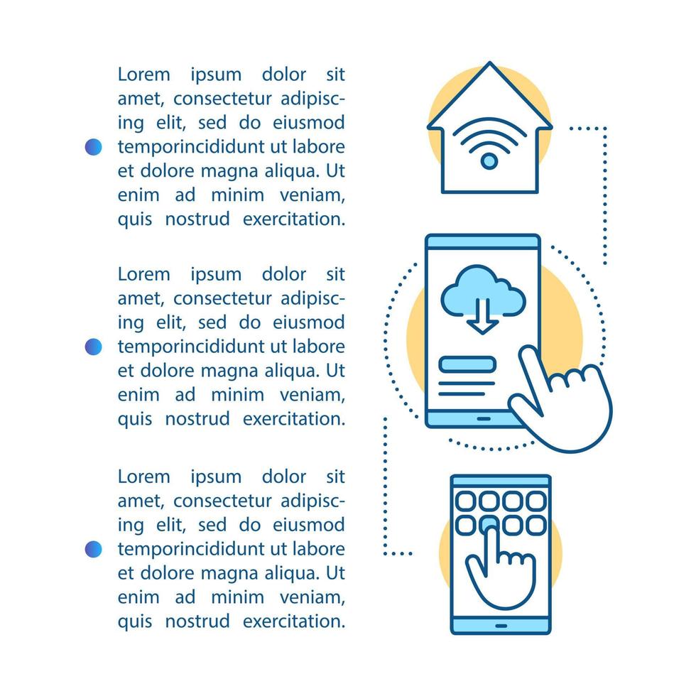 Smart device installation article page vector template. Home automation brochure, magazine, booklet design element with linear icons and text boxes. Print design. Concept illustrations with text space