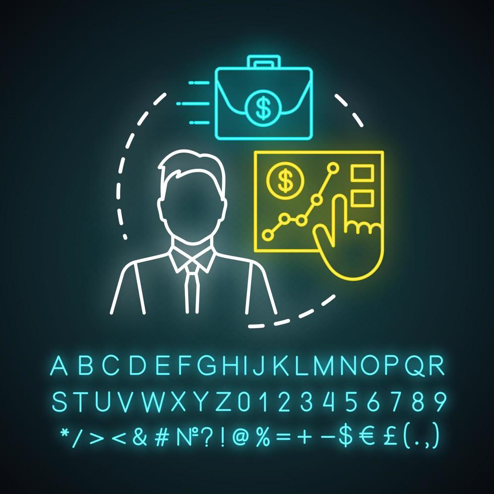 Sales coordinator neon light icon. Customer support representative, specialist. Salesman, marketer. Progress monitoring. Glowing sign with alphabet, numbers and symbols. Vector isolated illustration