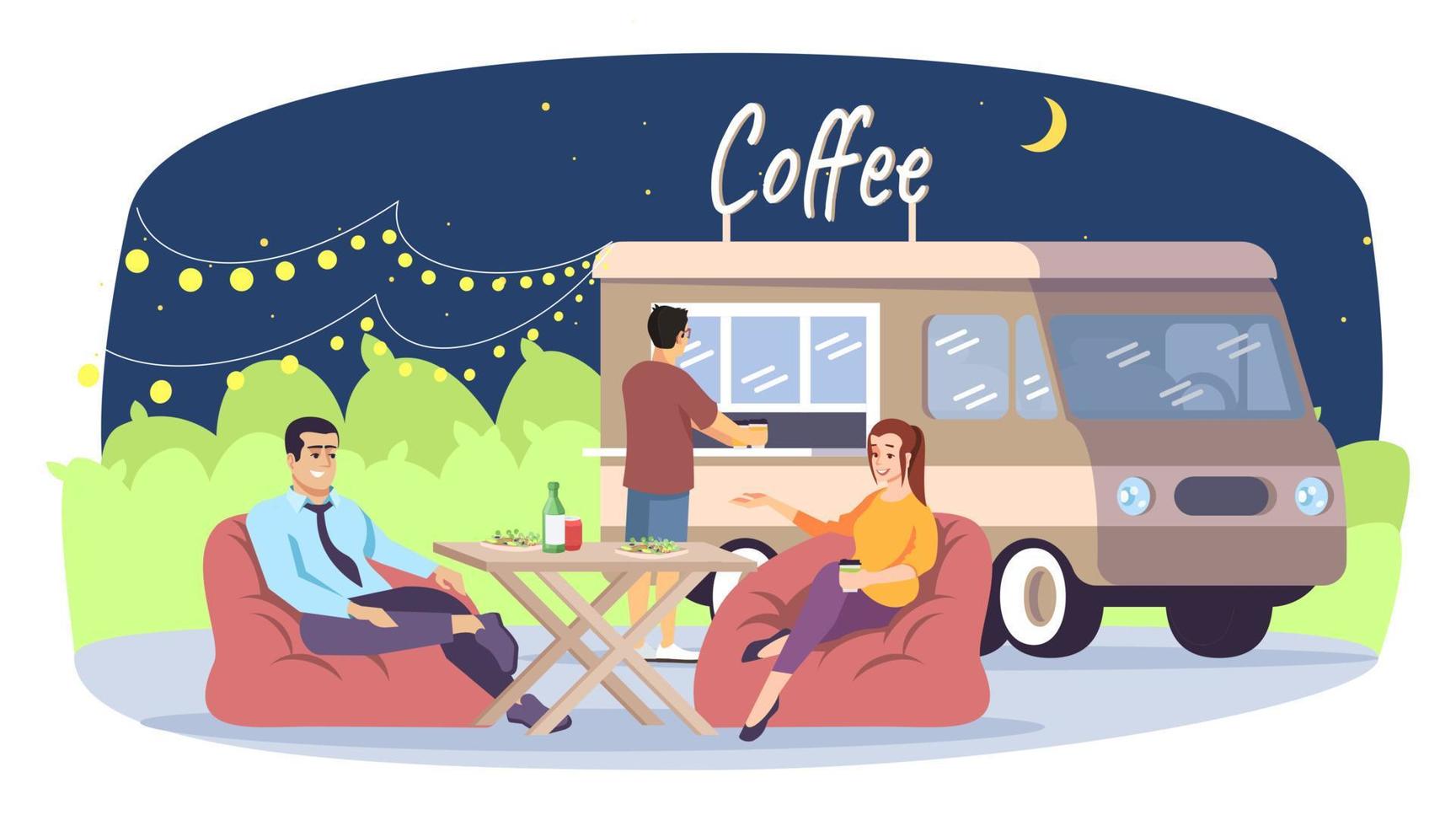 hombre y mujer en la ilustración de vector plano de café de comida callejera. reunión de colegas en el patio de comidas. un par de amigos en sillas de bolsa, camión de punto de café personajes de dibujos animados aislados sobre fondo blanco