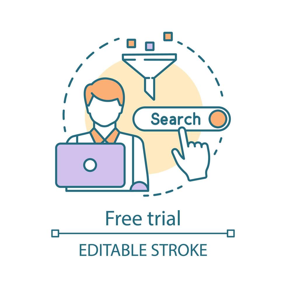 Free trial concept icon. SEO keyword tool subscription idea thin line illustration. Search engine optimization. Increasing visibility of website. Vector isolated outline drawing. Editable stroke