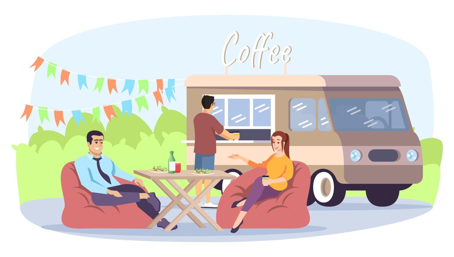 colegas reunidos en la ilustración de vector plano del patio de comidas. un par de amigos en sillas de bolsa, camión de café. hombre descansando, mujer ilustración vectorial plana personajes de dibujos animados aislados sobre fondo blanco