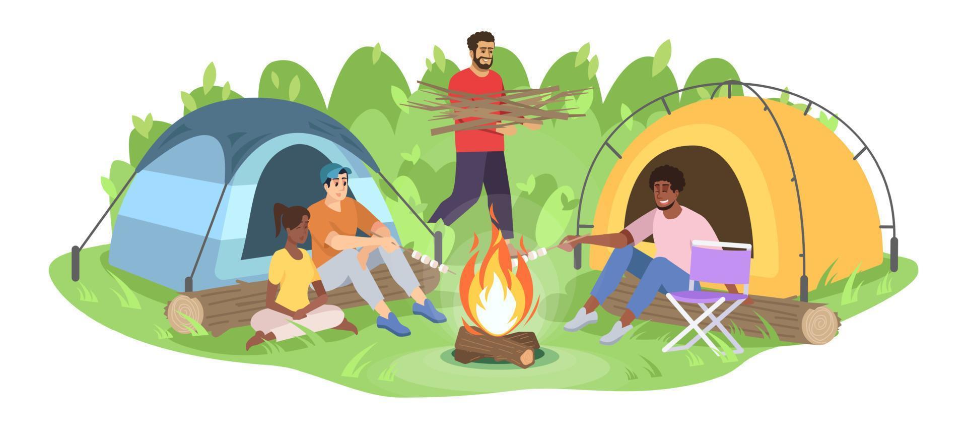 ilustración de vector plano de viaje de camping de aventura. felices jóvenes campistas agrupan personajes de dibujos animados. los amigos se sientan alrededor de la fogata, el hombre lleva leña. Recreación forestal aislado sobre fondo blanco.