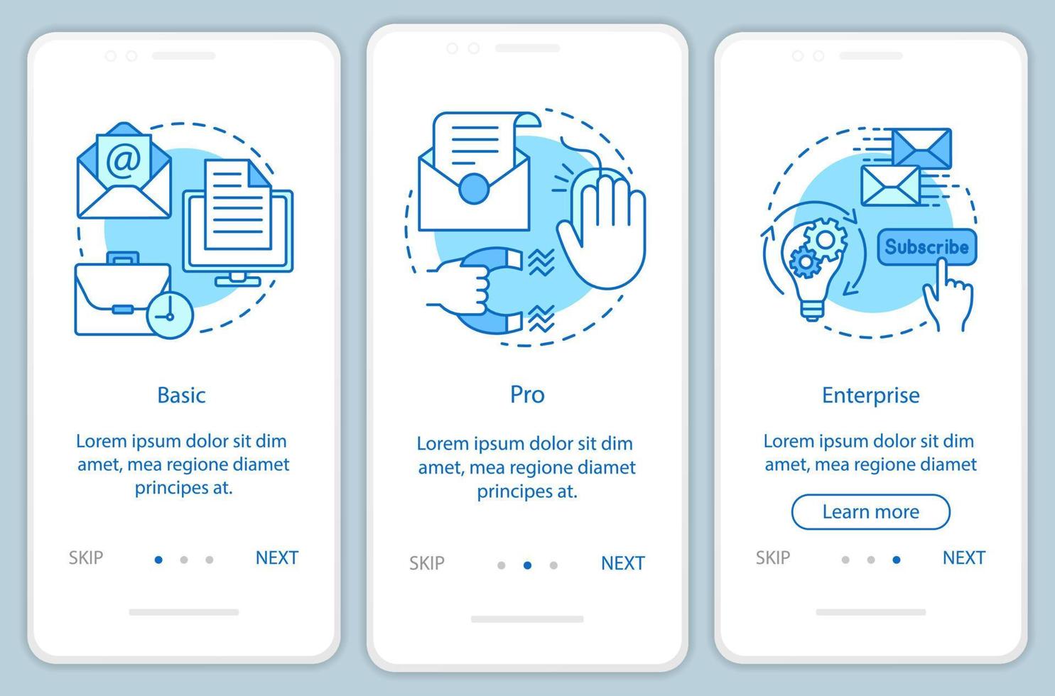 Email marketing subscription onboarding mobile app page screen with linear concepts. Three walkthrough steps graphic instructions. Basic or pro tariffs. UX, UI, GUI vector template with illustrations