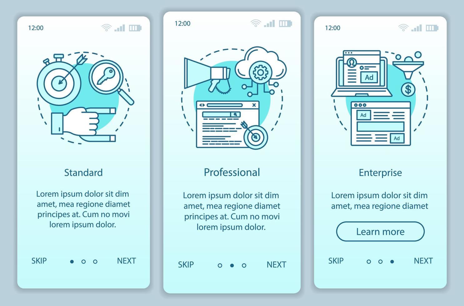 plantilla de vector de pantalla de página de aplicación móvil de incorporación de suscripción crm. tarifas estándar o profesionales. paso a paso del sitio web con ilustraciones lineales. ux, ui, concepto de interfaz de teléfono inteligente gui