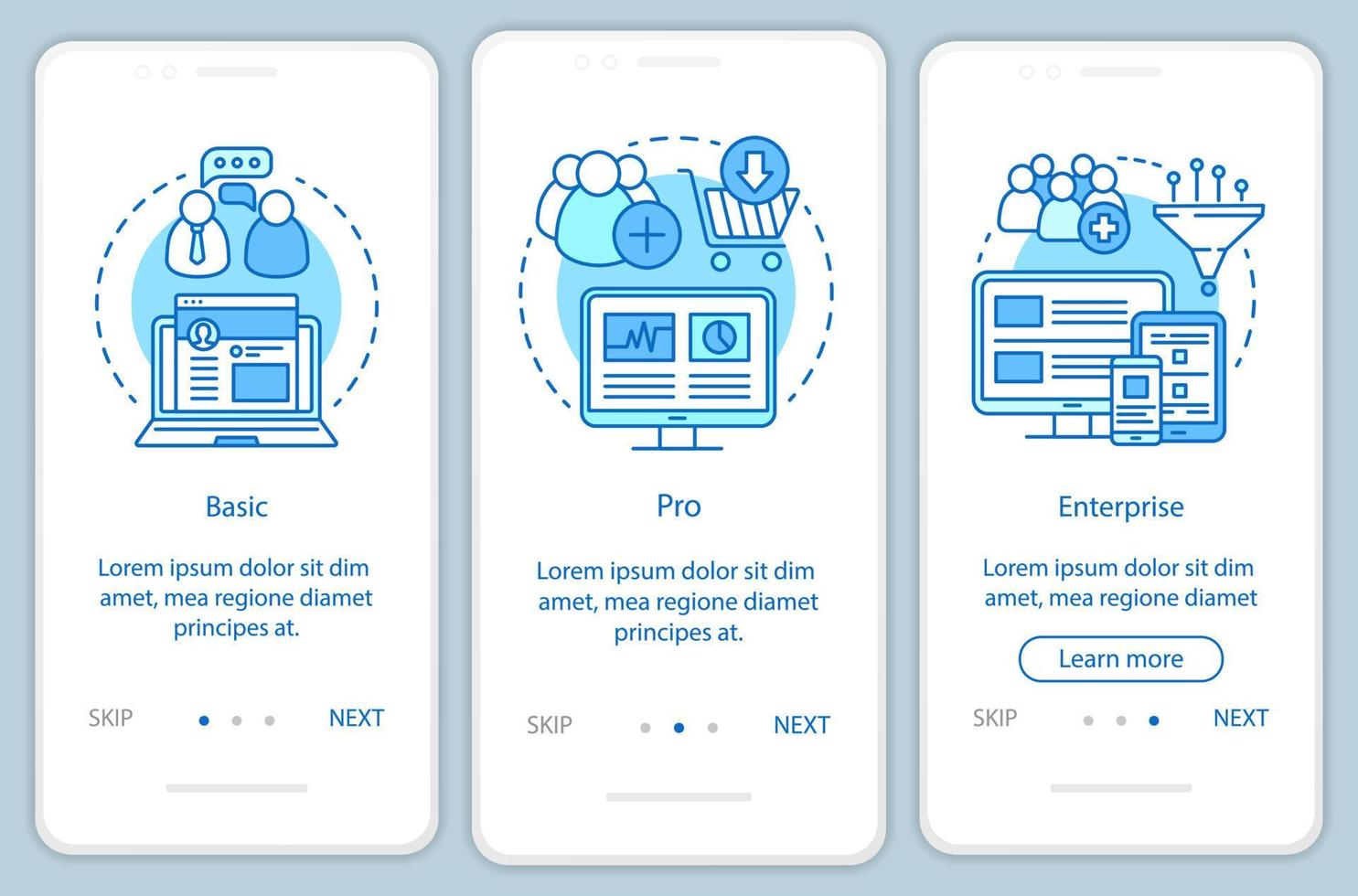 Digital marketing tools subscription onboarding mobile app page screen with linear concepts. Three walkthrough steps graphic instructions. Basic tariff. UX, UI, GUI vector template with illustrations