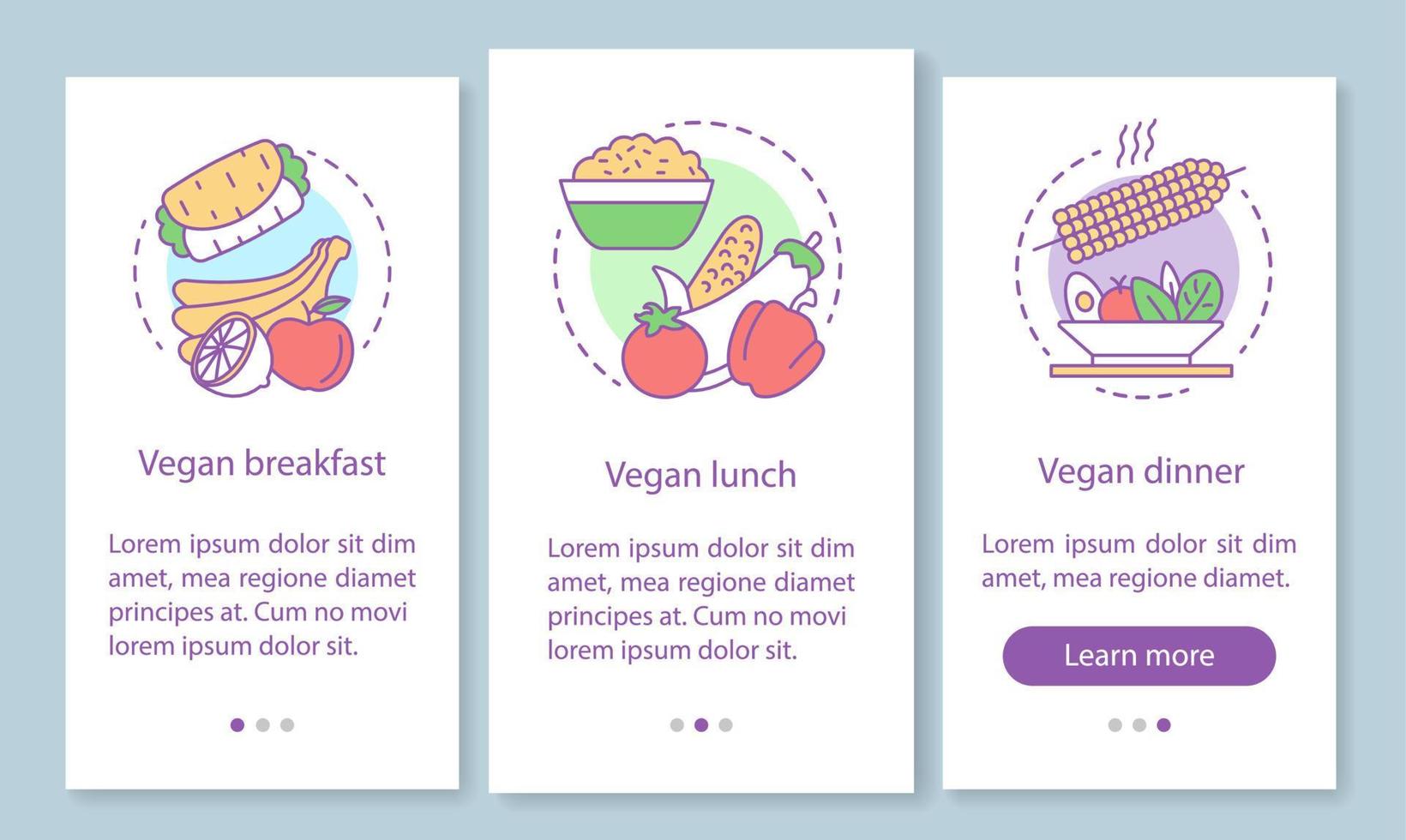 Vegan menu onboarding mobile app page screen with linear concepts. Vegetarian breakfast, lunch and dinner walkthrough steps graphic instructions. UX, UI, GUI vector template with illustrations