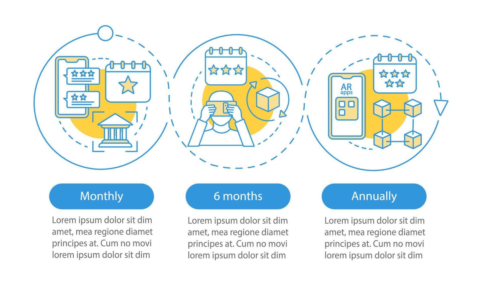 AR tool subscription vector infographic template. Business presentation design elements. Data visualization, three step, option. Monthly tariff. Process timeline chart. Workflow layout, icons