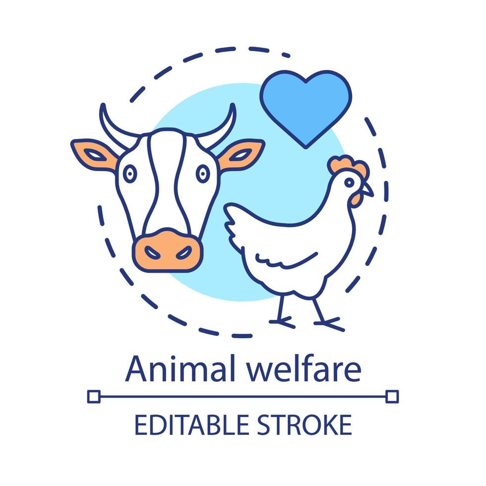 bienestar animal, icono del concepto de cuidado. ilustración de línea delgada de idea de protección voluntaria de vida silvestre. clínica veterinaria. símbolo del corazón, dibujo de contorno aislado del vector de pollo y vaca. trazo editable