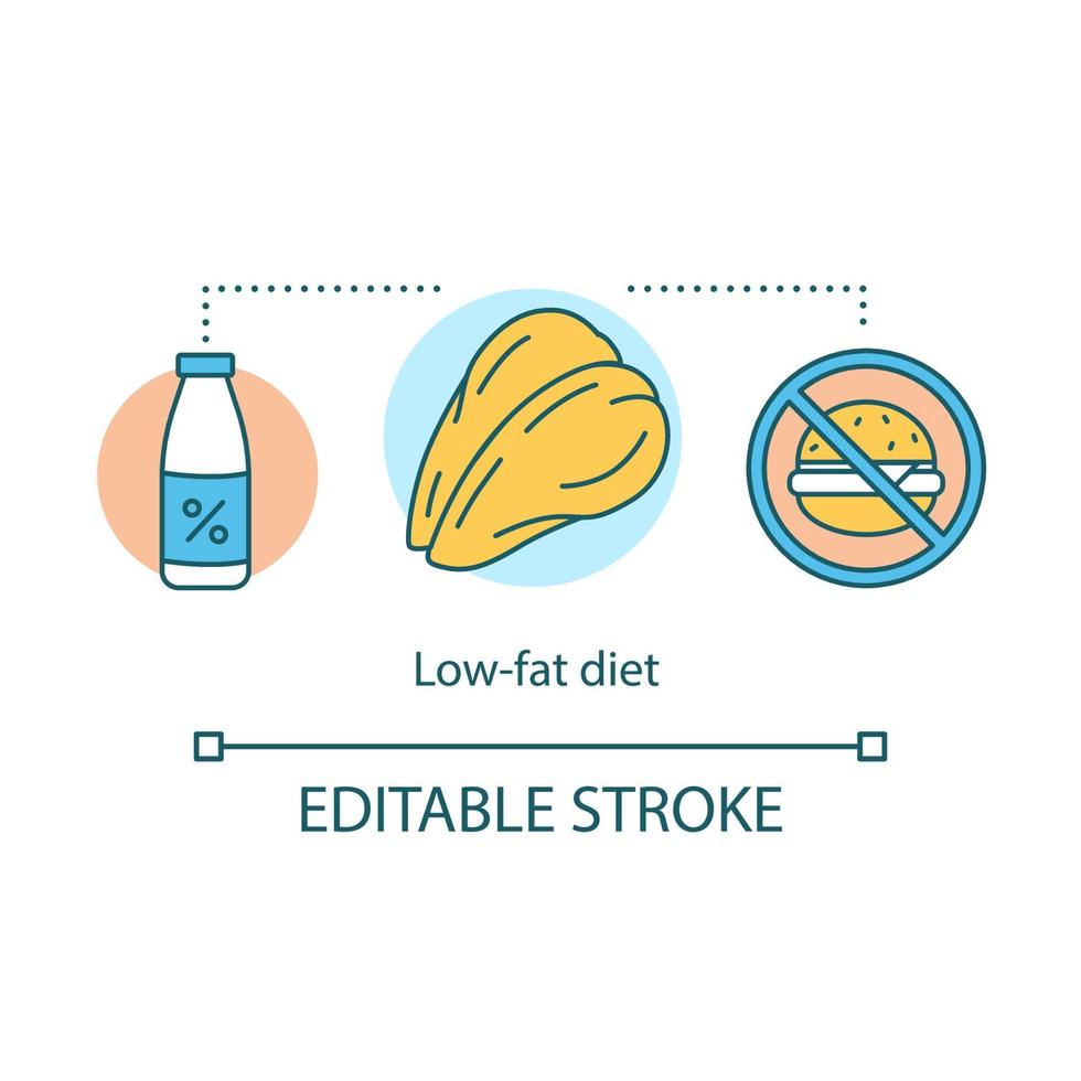 dieta baja en grasas, icono del concepto de pérdida de peso. idea de nutrición vegetariana ilustración de línea delgada. comida vegana, estilo de vida saludable, rechazo a la comida rápida. dibujo de contorno aislado vectorial. trazo editable vector