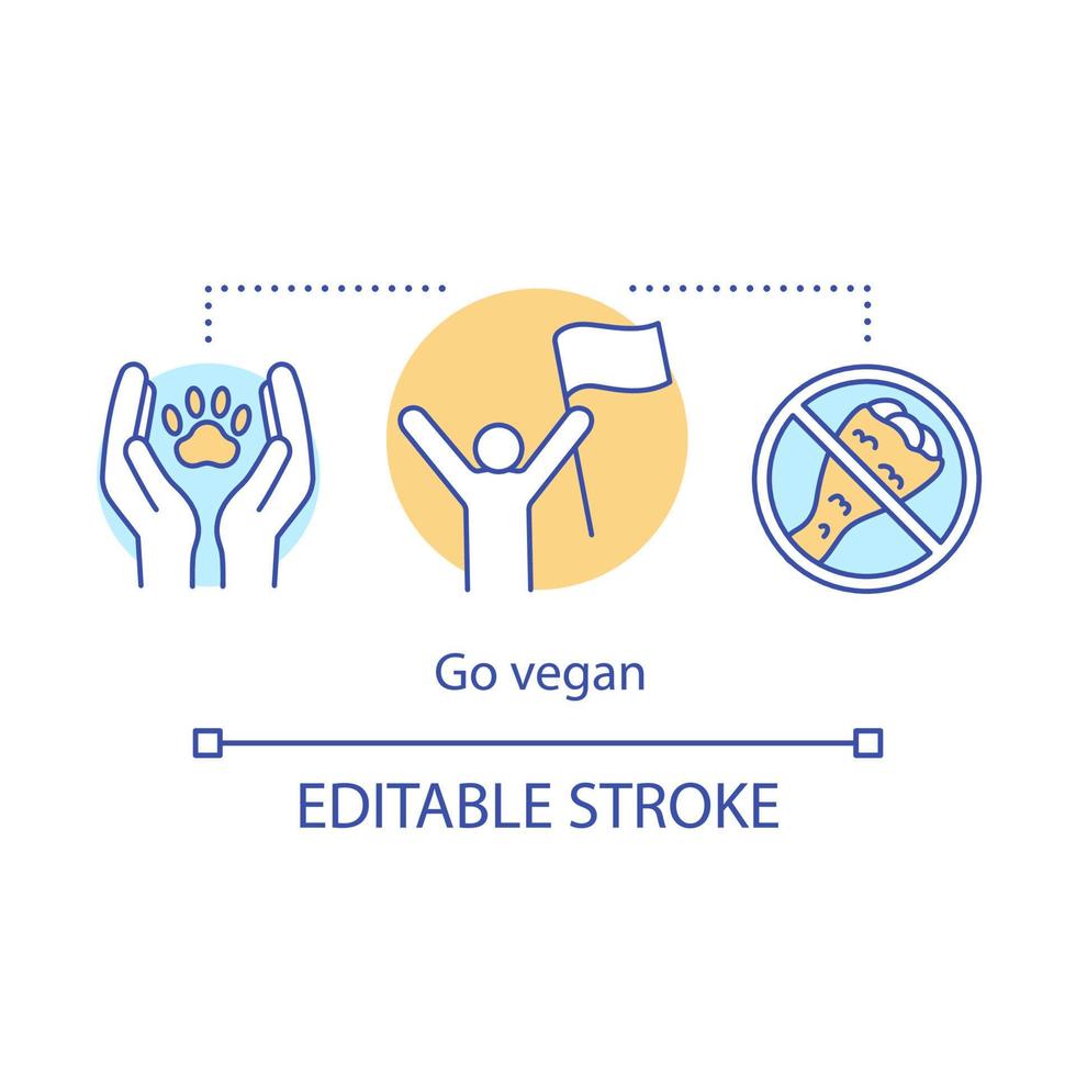 Go vegan concept icon. Vegetarianism, healthy lifestyle idea thin line illustration. Fast food rejection, animal welfare. Happy person with flag vector isolated outline drawing. Editable stroke