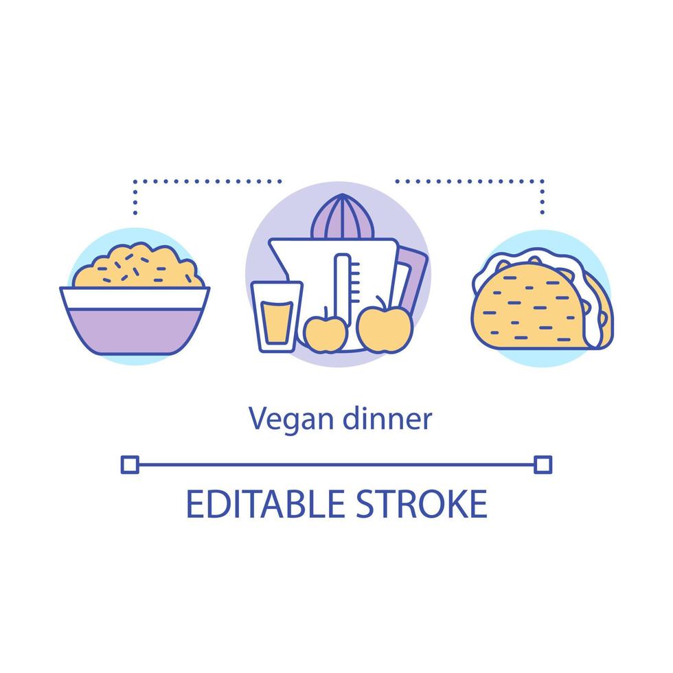 Vegan dinner, delicious meal concept icon. Healthy lifestyle idea thin line illustration. Organic nutrition. Oatmeal, natural juice and vegetarian taco vector isolated outline drawing. Editable stroke