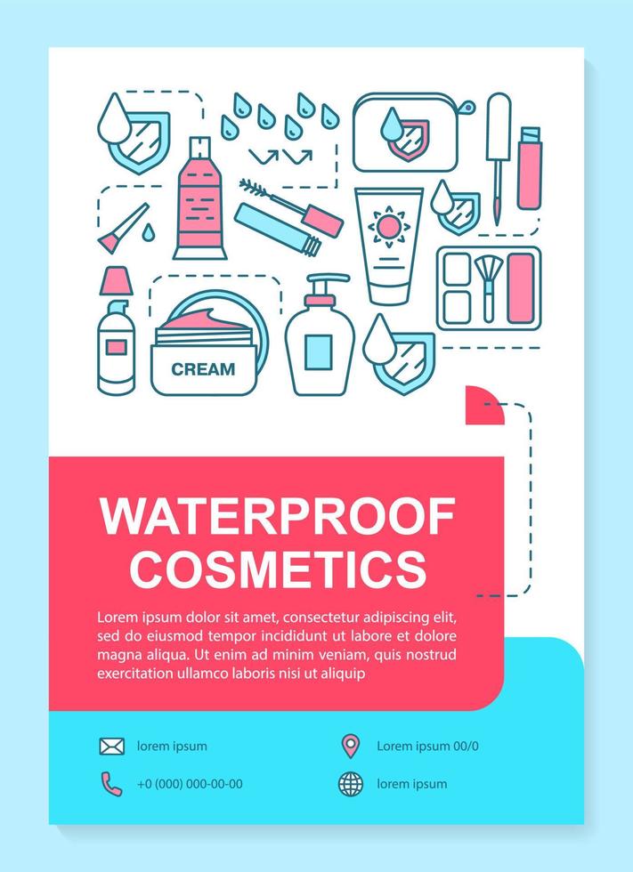 Waterproof skincare, makeup products brochure template layout. Flyer, booklet, leaflet print design with linear illustrations. Vector page layouts for magazines, annual reports, advertising posters