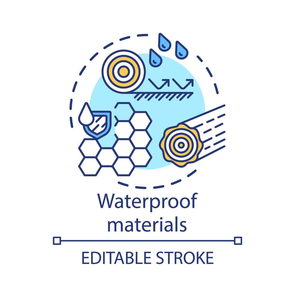 Waterproof materials concept icon. Water resistant substances idea thin line illustration. Waxed, hydrophobic layers with liquid drops. Vector isolated outline drawing. Editable stroke..