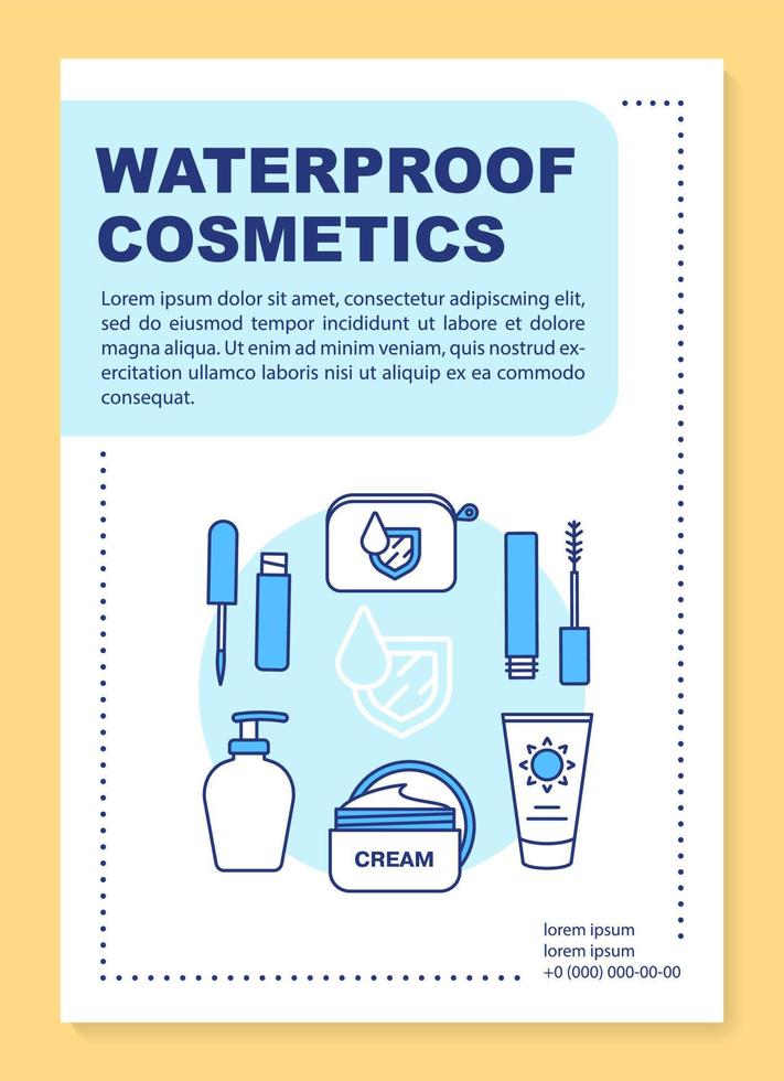 Water resistant makeup, skincare brochure template layout. Flyer, booklet, leaflet print design with linear illustrations. Vector page layouts for magazines, annual reports, advertising posters..