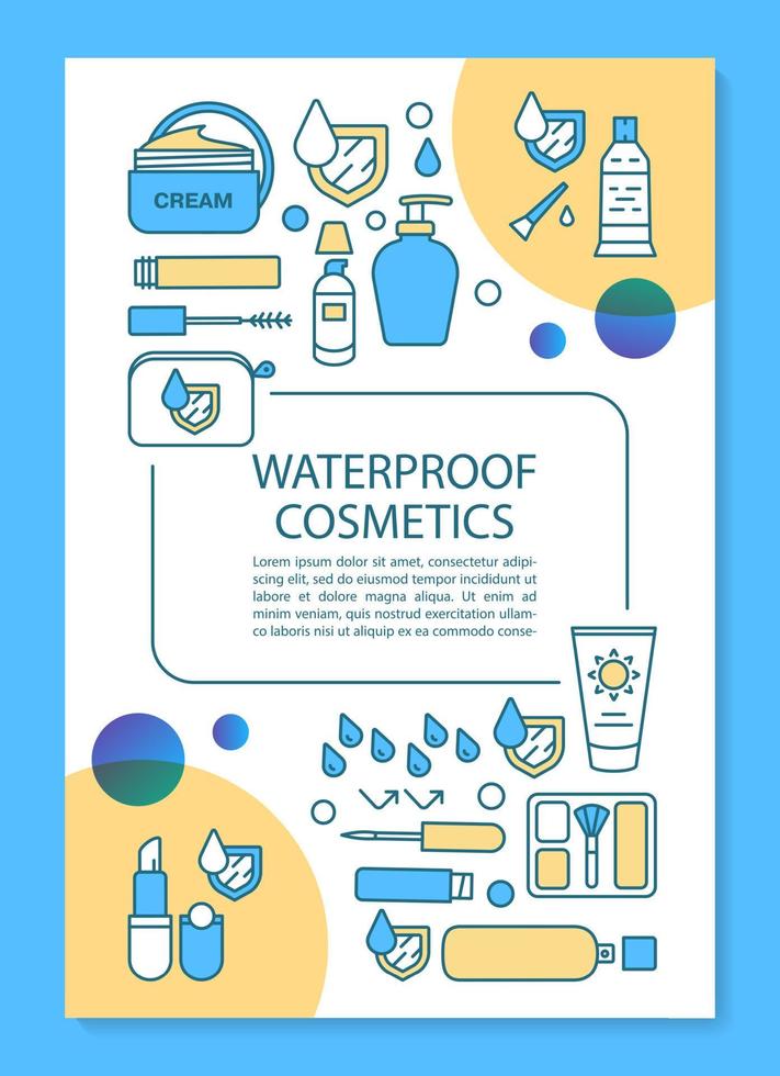 Water resistant skincare products brochure template layout. Flyer, booklet, leaflet print design with linear illustrations. Vector page layouts for magazines, annual reports, advertising posters..