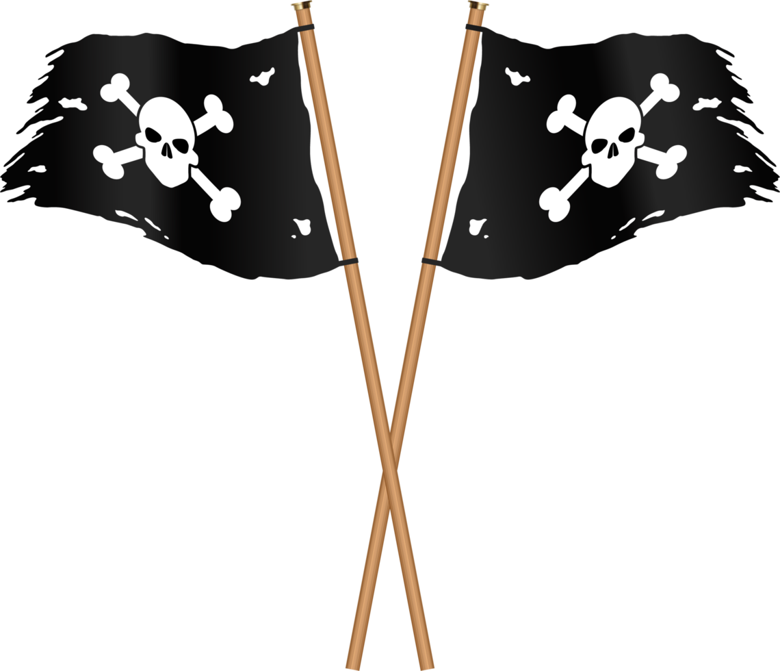 Crossed black pirate flags with bones and skull png