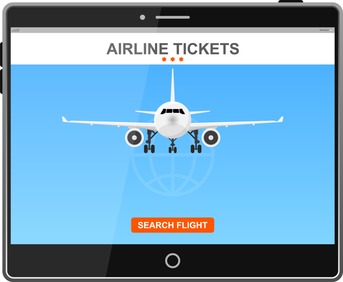 Online flight booking on screen vector illustration png