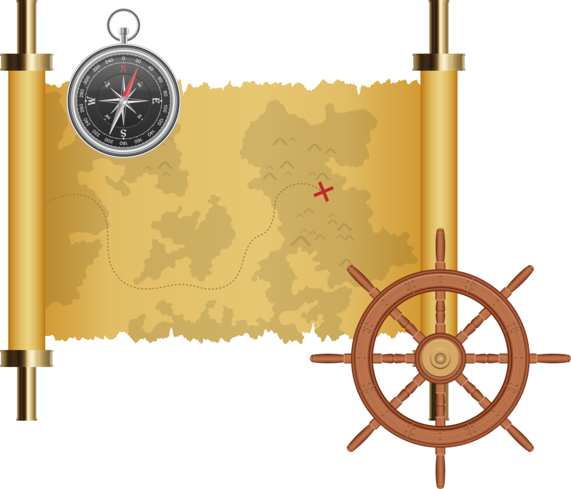 Treasure map, ship wheel and magnetic compass vector illustration png