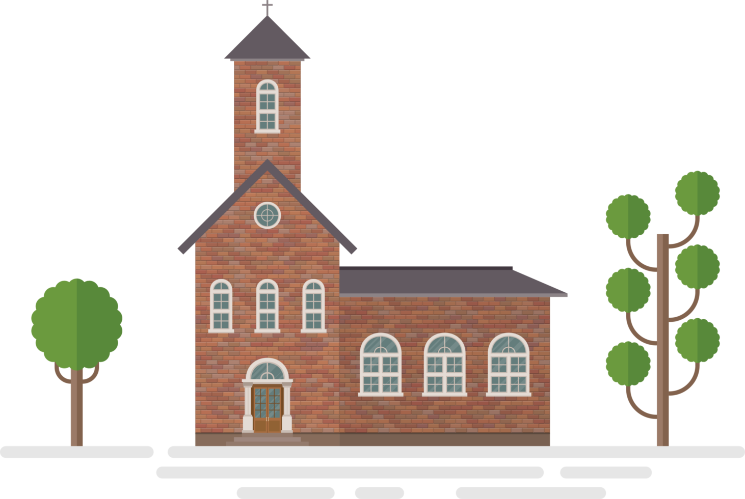 Church building and trees vector illustration isolated on white background png
