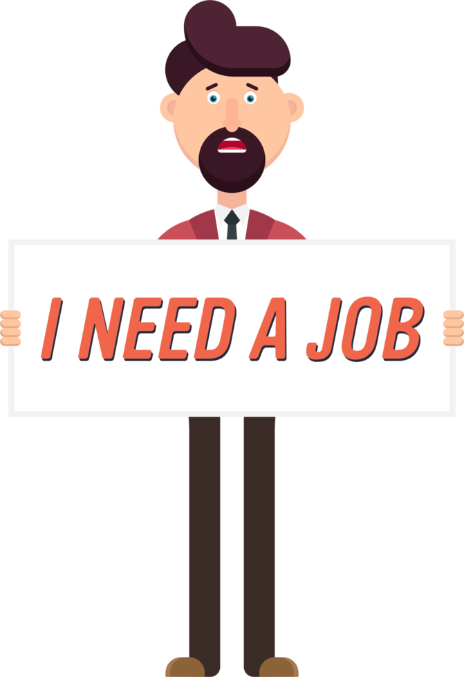 Sad unemployed man hold a banner with text for hiring png