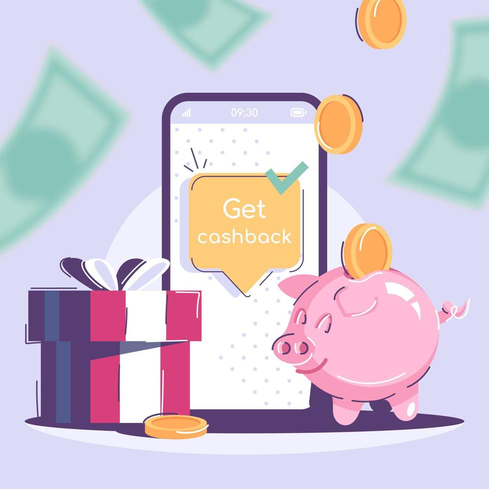 Get cashback social media post mockup. Money refund advertising web banner design template. Social media booster, content layout. Saving offer promotion poster, print ads with flat illustrations vector