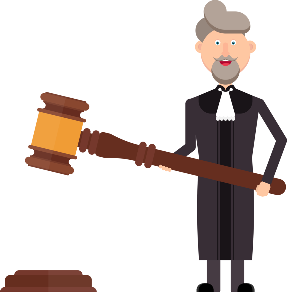 Judge character holding a gavel in his hands vector illustration png