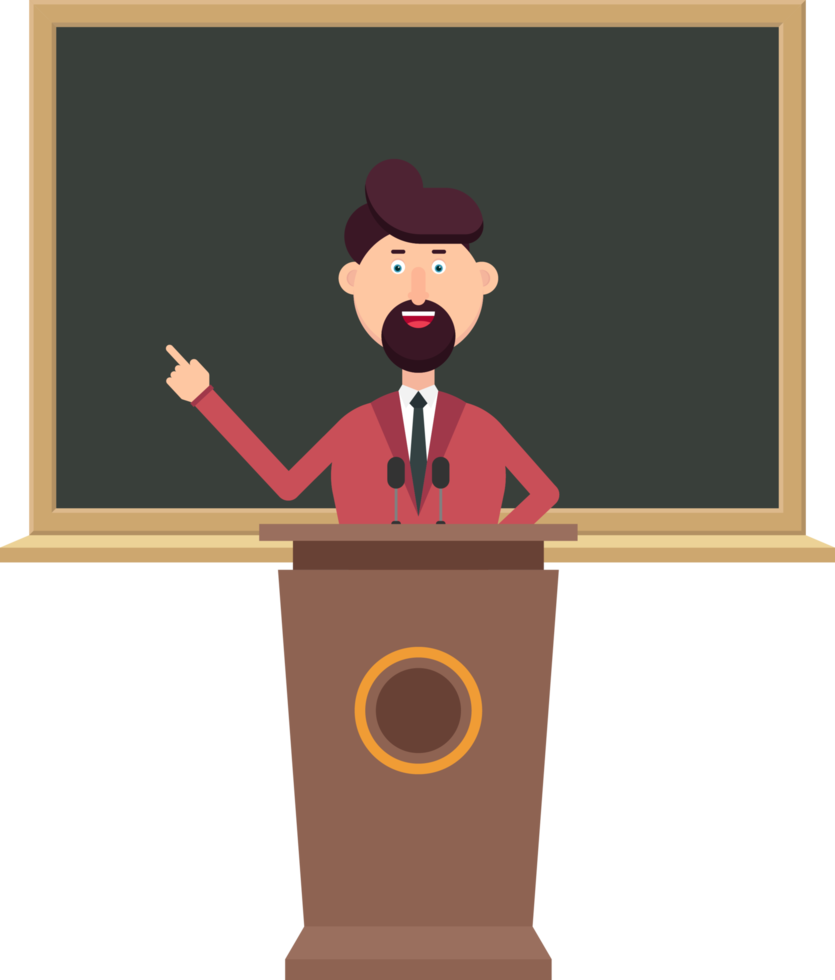 Professeur d'université debout à la tribune du podium devant le tableau noir png