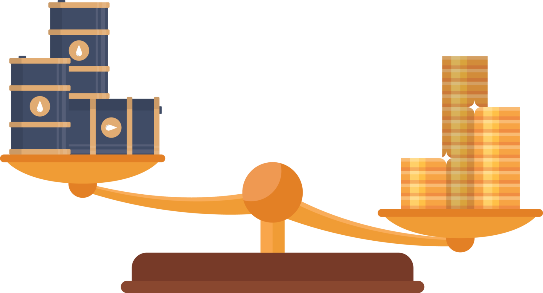 Balance scale with gold coins and oil barrels png
