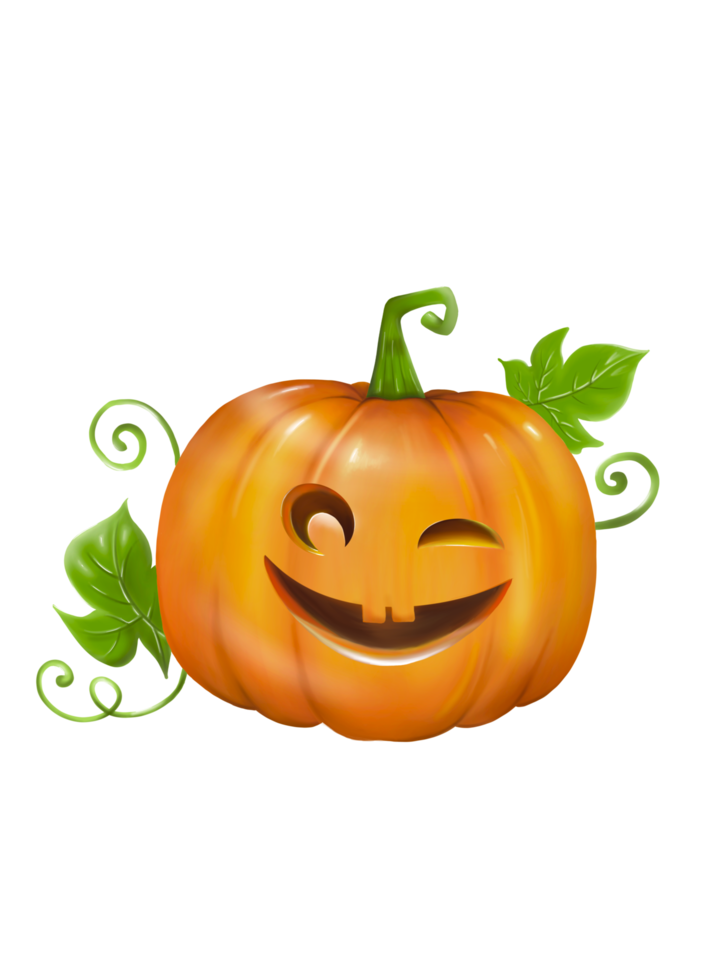 una calabaza de halloween muestra una linda cara sonriente con hojas verdes. dibujo y pintura digital a mano, imagen aislada. png