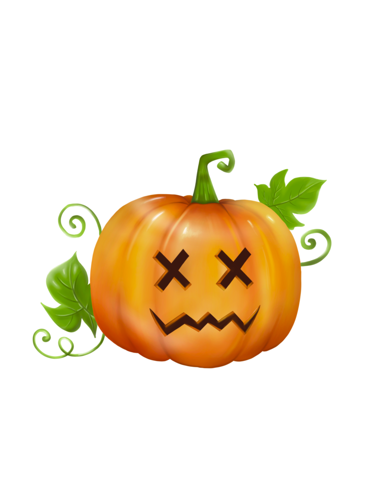 una calabaza de halloween naranja que se siente mal con hojas verdes, dibujo digital a mano y pintura, imagen aislada. png