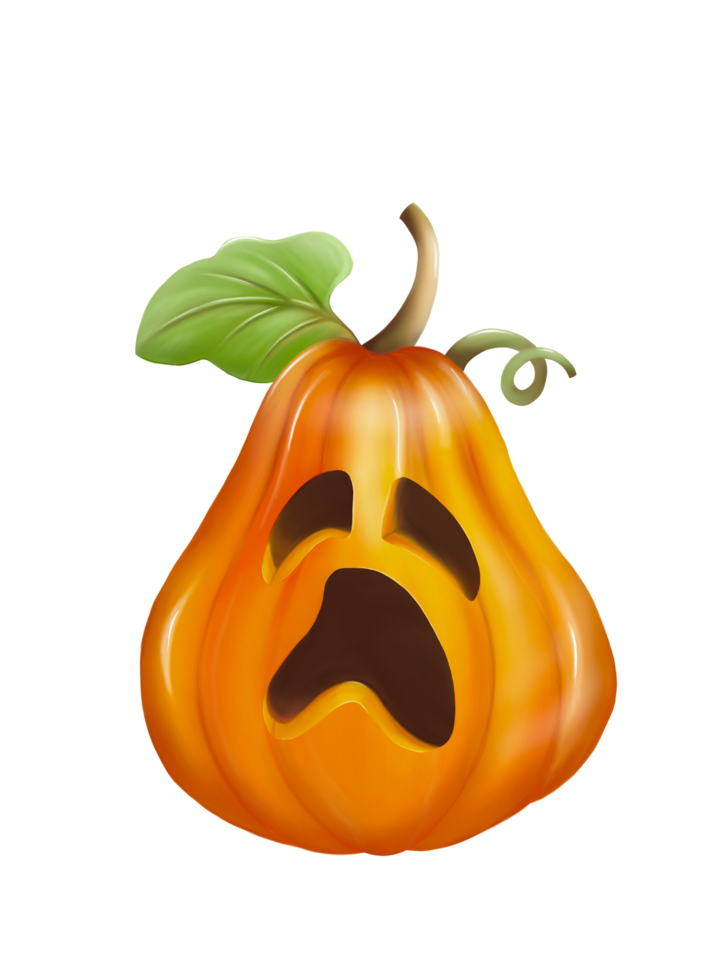 una grande e alta zucca di Halloween arancione che mostra una faccia spaventosa, un disegno a mano digitale e un'immagine di pittura. isolare l'immagine. png