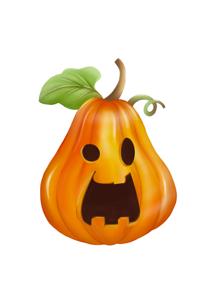 The big and tall Halloween pumpkin with green leaf, Digital hand drawing and painting, Isolate image. png