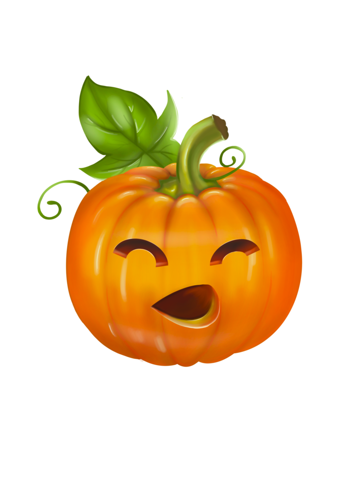 The dark yellow Halloween pumpkin shows smiling face with green leaves. Isolate image. png