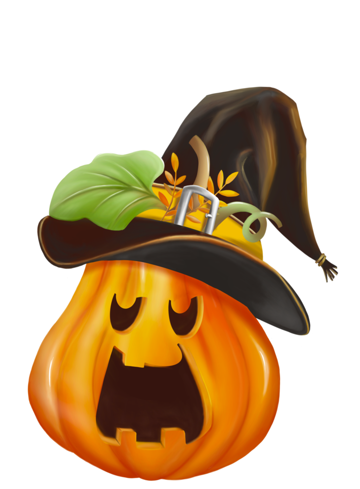 The digital hand drawing and painting of Halloween pumpkin is wearing a wizard hat, showing scary face. Isolate image. png