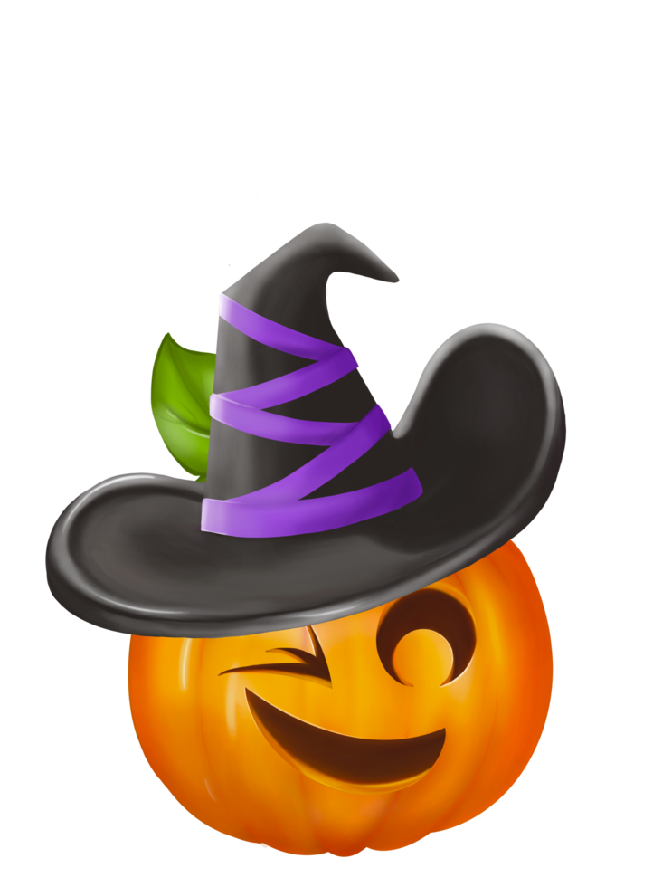 Halloween Pumpkin with wizard hat is showing  emotion face. Digital painting art, isolate image. png