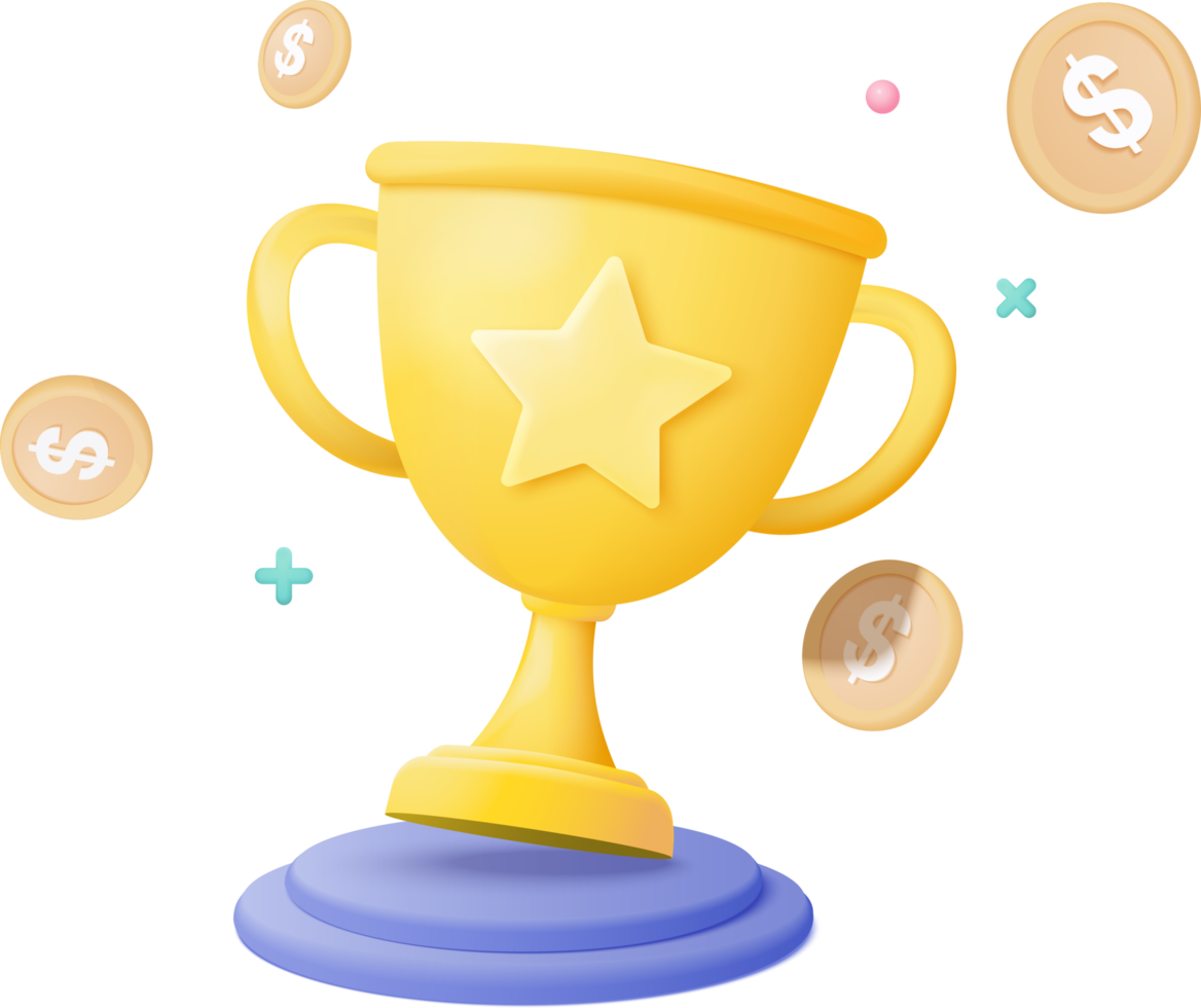 3d winners minimal with golden cup and money coin, gold winners stars on podium background. Award ceremony concept on pedestal with cartoon style. 3d render isolated on background png