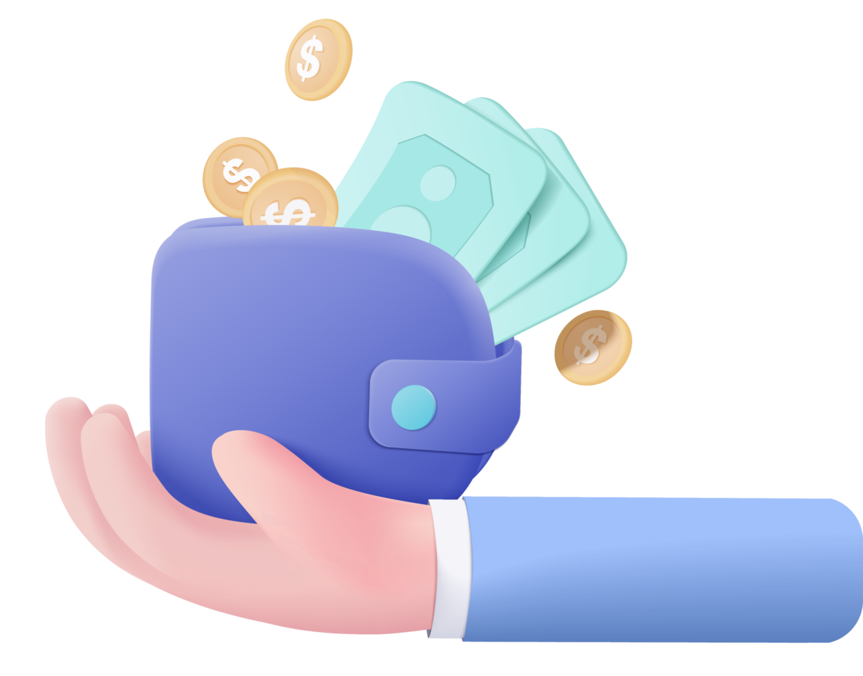 3D money coin hand holding on pastel background. holding money wallet in business hand concept, wallet coin and payment 3d render concept. finance, investment, money saving on hand isolated png