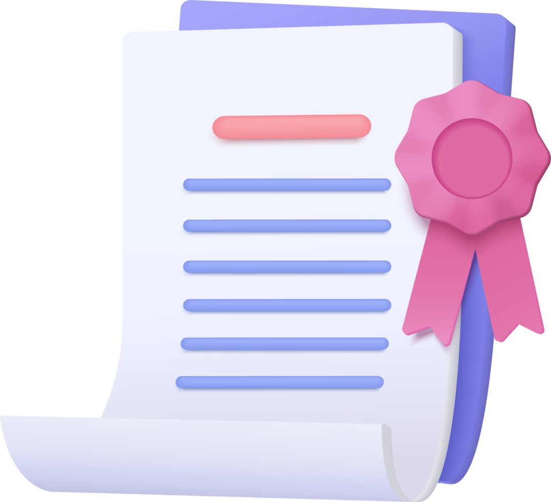 3d certificate or diploma icon with stamp and ribbon bow isolated background. White clipboard task management todo check list, work on project plan concept. 3d rendering png