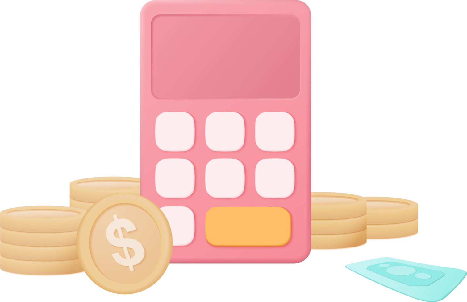 3d minimal calculator render concept of financial management. calculating financial risk planning, calculator with coins stack and banknote with 3d vector concept on pastel background png