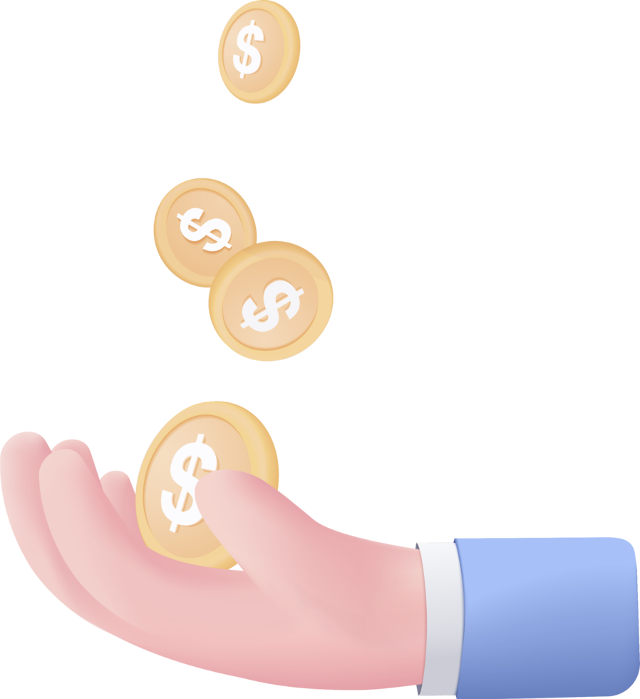 3D pengar mynt hand som håller på pastell bakgrund. hålla pengar i affärshandkoncept, onlinebetalning och betalning 3d render koncept. finans, investeringar, pengar att spara till hands isolerade png
