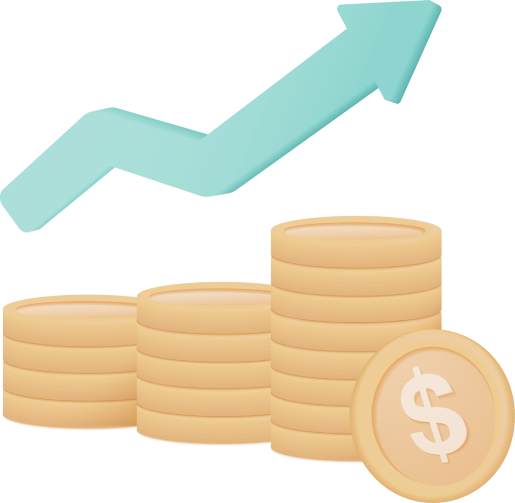 3D-geld munt stapels en groene pijl omhoog op pastel achtergrond. munt stapel groeiend bedrijf isoleren concept, 3d geld renderen voor financiën, investeringen, geld verdienen groei illustratie concept png