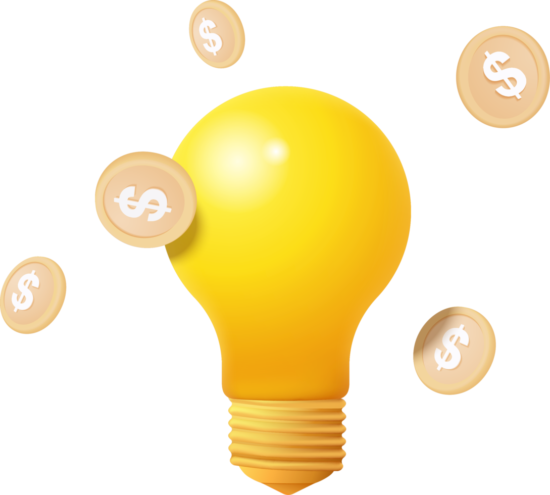 3D idea make money coin.  growing business isolated concept, 3d money render for finance, investment, light bulb like idea make earning with illustration concept png