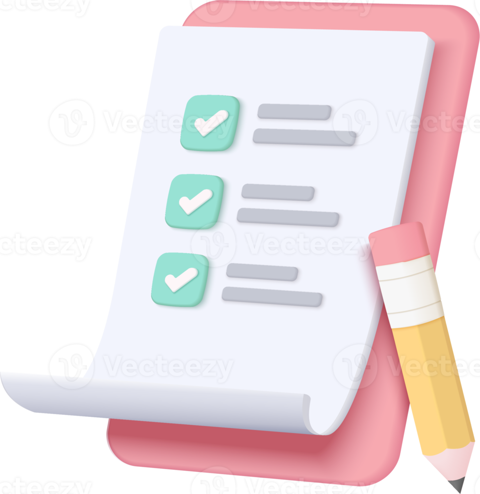 White clipboard task management todo check list, efficient work on project plan, fast progress, level up concept, assignment and exam, productivity solution icon. 3d check list render png