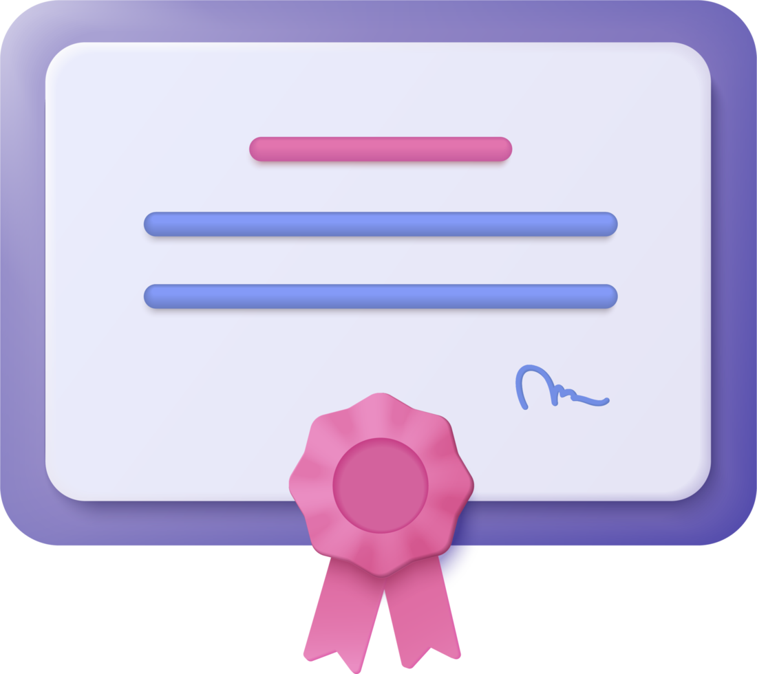 3D-certifikat eller diplomikon med stämpel och bandbåge isolerad bakgrund. vit urklipp uppgiftshantering att göra checklista, arbeta på projektplan koncept. 3d-rendering png