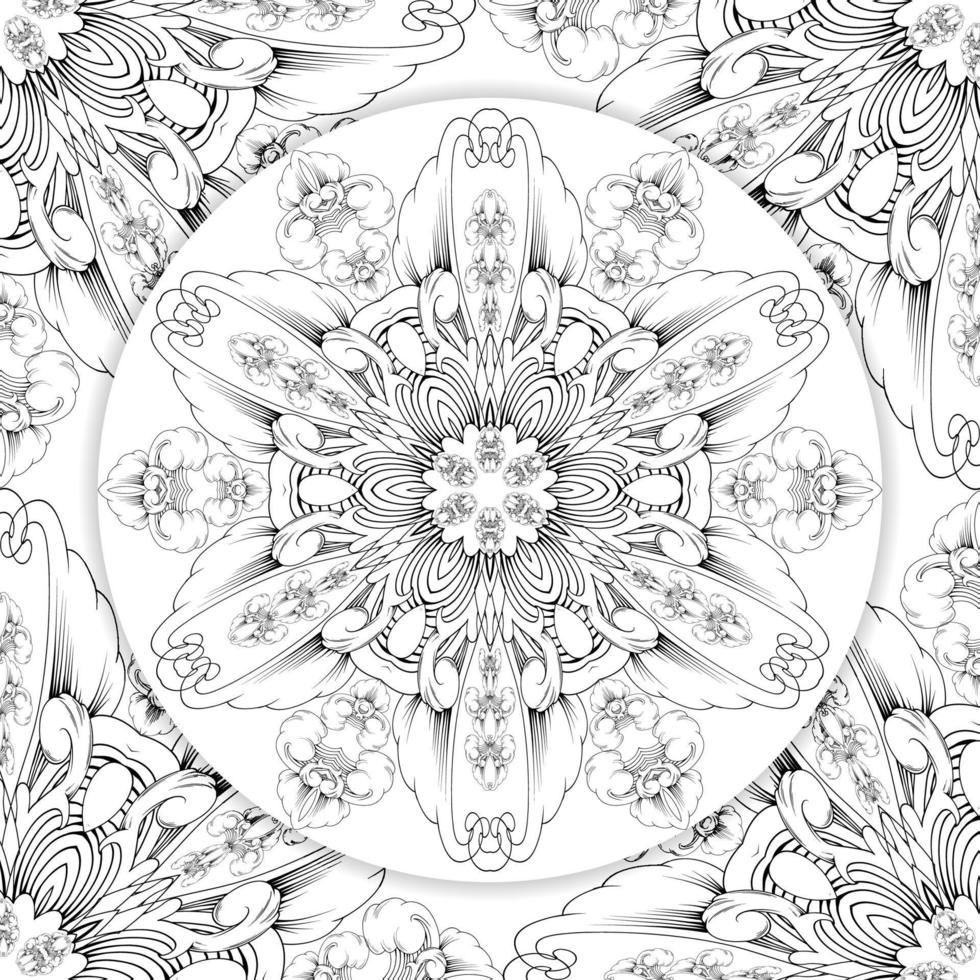 Outline a round flower Mandala in style for a colouring page, Antistress for adults and children, Doodle ornament in black and white, Hand drawn vector illustration