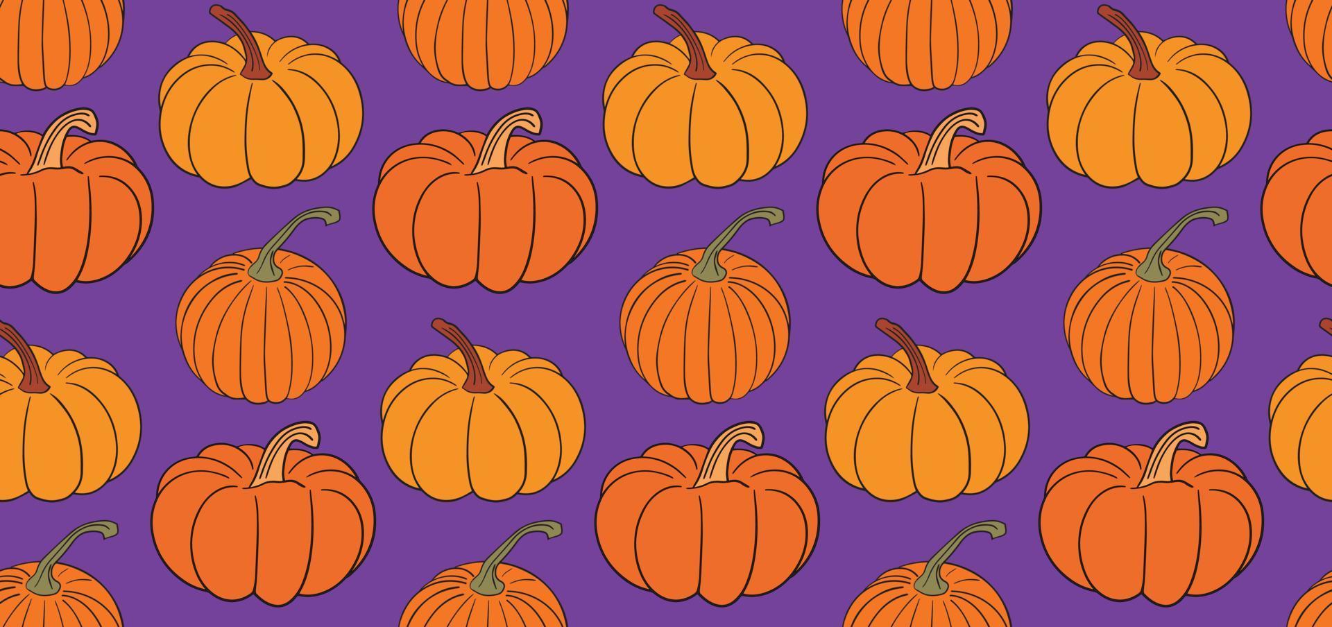 Pumpkin seamless pattern background, hand drawn squash in warm natural fall colors isolated on white on purple backdrop. Vector illustration, texture design for autumn, Halloween, Thanksgiving